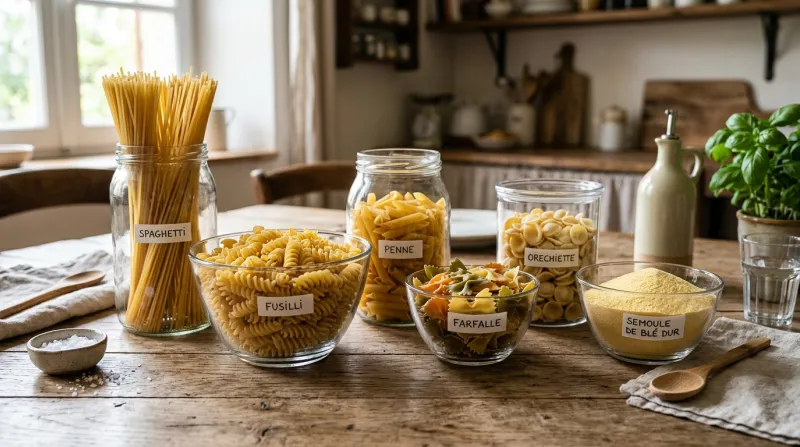 Une photo de différentes variétés de pâtes crues et de semoule de blé dur disposées dans des récipie