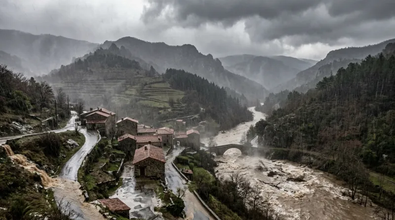 Une photo d'un paysage de l'Ardèche sous de fortes précipitations