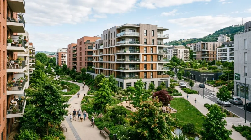 Une photo d'un quartier résidentiel à Saint-Étienne avec des immeubles modernes et des espaces verts