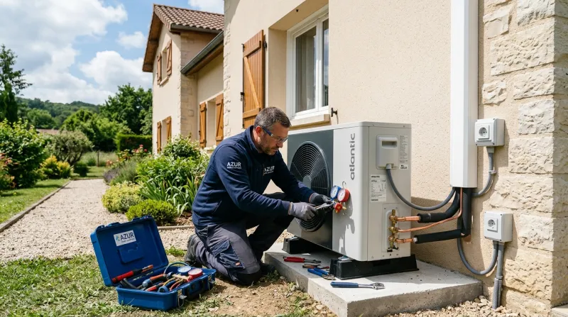 Une photo d'un technicien professionnel en train d'installer ou d'entretenir une pompe à chaleur à l