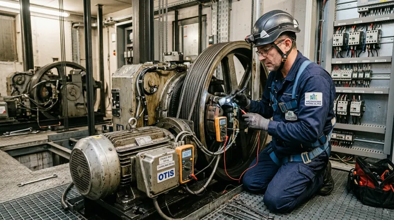 Une photo d'un technicien ascensoriste en train de vérifier le mécanisme technique d'un ascenseur