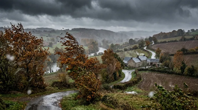 Une photo d'un paysage de l'Allier sous une pluie intense avec des arbres agités par le vent