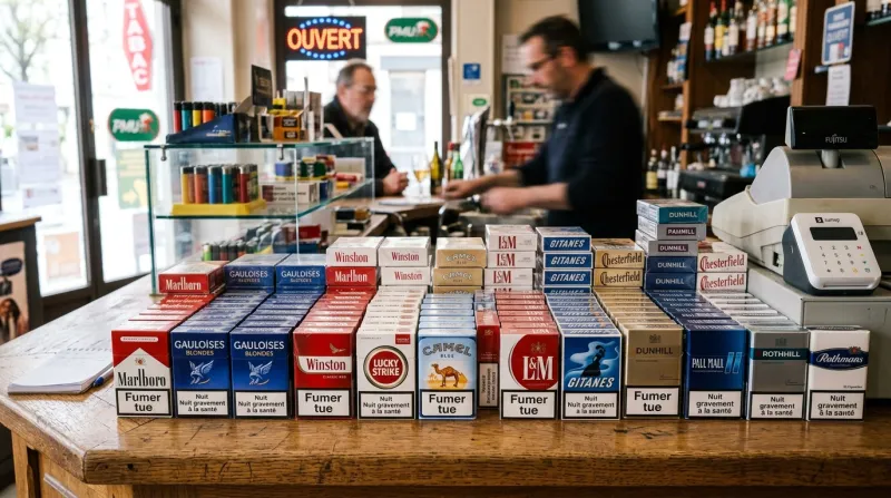 Une photo de plusieurs paquets de cigarettes disposés sur un comptoir