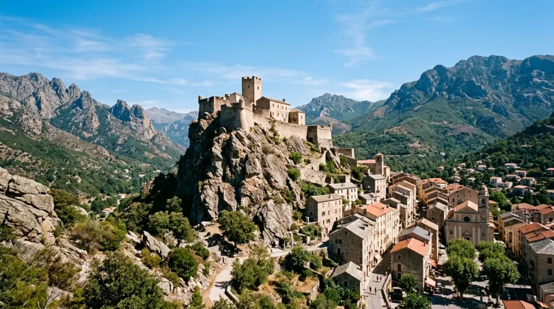 Une photo de la citadelle de Corte perchée au sommet de son rocher imposant sous un ciel dégagé.