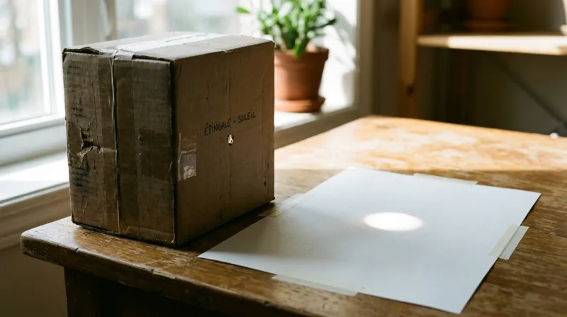 Une photo d'un carton percé d'un petit trou d'épingle projetant la lumière du soleil sur une surface