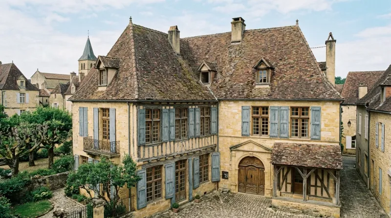 Une photo d'un bâtiment historique français avec des tuiles traditionnelles et des menuiseries en bo
