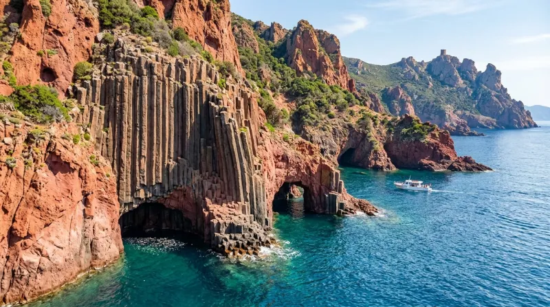 Une photo des falaises rouges et des orgues basaltiques de la réserve de Scandola bordant la mer