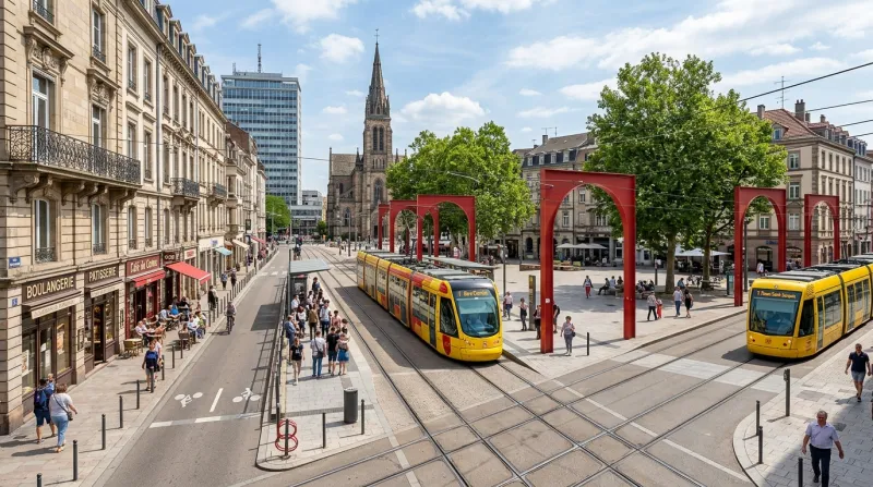 Une photo du centre-ville de Mulhouse avec son tramway emblématique
