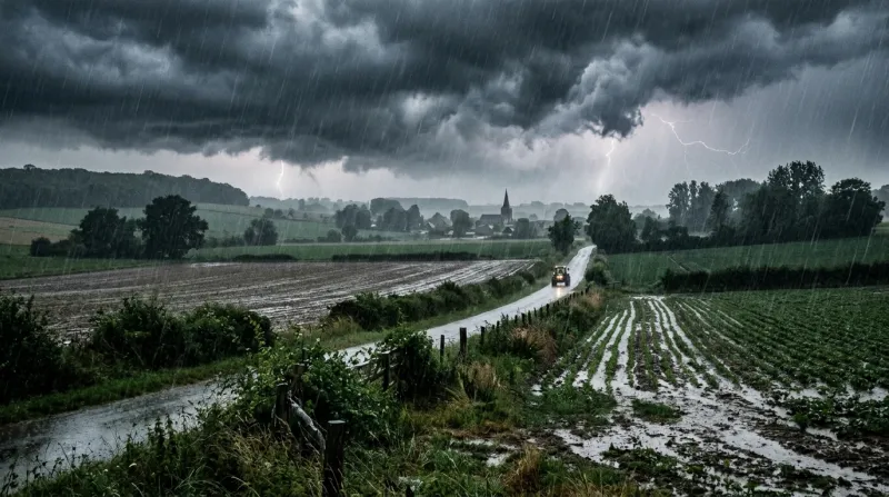 Une photo d'un paysage de campagne dans la Somme sous un ciel d'orage et une forte pluie