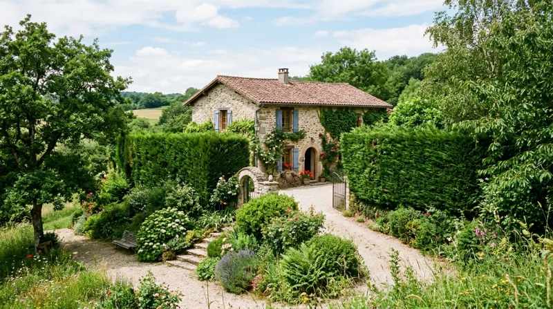 Une photo d'une maison bordée de haies hautes et d'une végétation dense