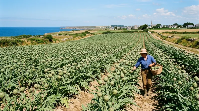 Une photo d'un champ d'artichauts en Bretagne sous un ciel ensoleillé et sec