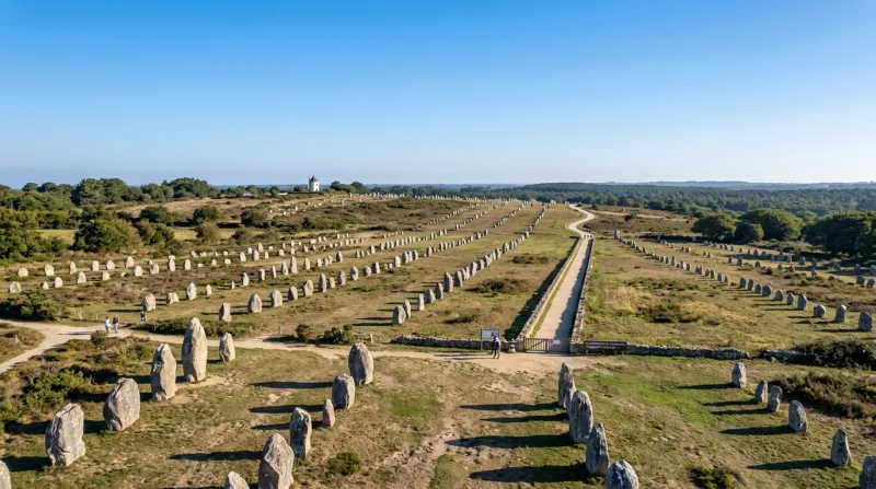 Une photo des alignements de menhirs de Carnac s'étendant à perte de vue sous un ciel dégagé