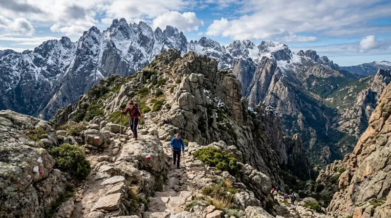 Une photo d'un sentier de randonnée escarpé sur le GR20 avec des sommets granitiques et des crêtes e