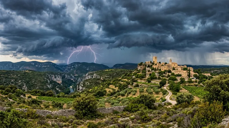 Une photo d'un paysage de l'arrière-pays du Gard sous un ciel d'orage