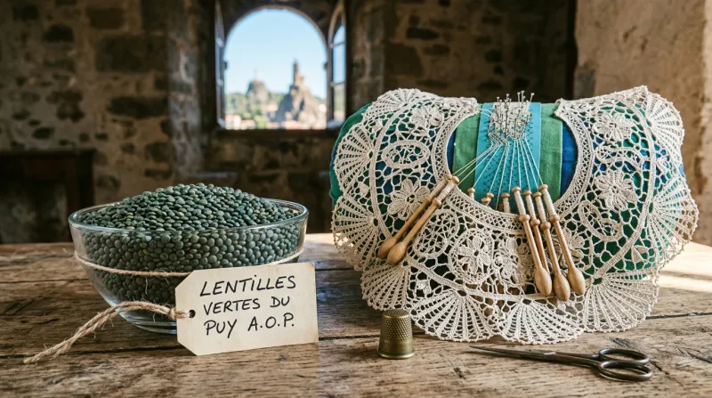 Une photo montrant des lentilles vertes du Puy à côté d'un ouvrage en dentelle traditionnelle faite 