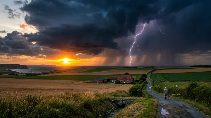 Une photo d'un paysage du Pas-de-Calais sous un ciel d'orage en fin de journée