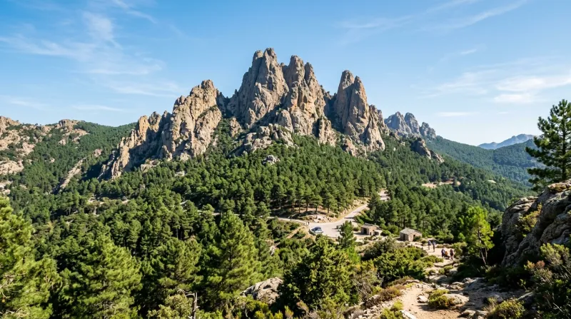 Une photo des Aiguilles de Bavella, majestueuses pointes de granite dominant une forêt de pins sous 
