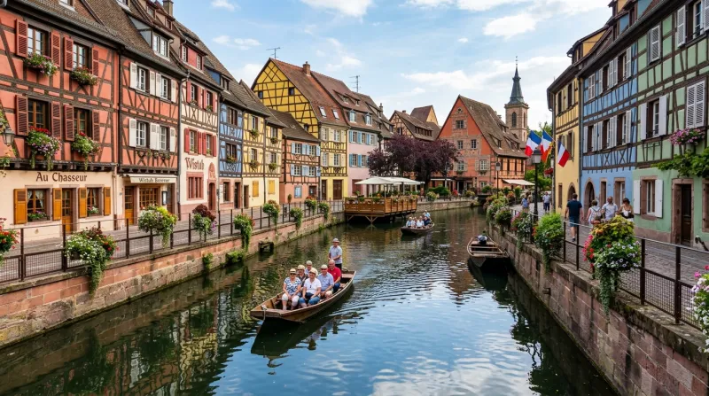 Une photo du quartier de la Petite Venise à Colmar avec ses maisons à colombages colorées bordant la