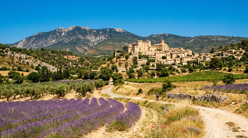 Une photo d'un paysage ensoleillé du Vaucluse sous une forte chaleur estivale et un ciel bleu dégagé