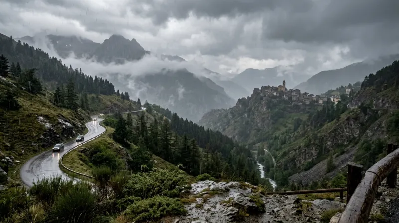 Une photo d'un paysage des Alpes-Maritimes sous la pluie