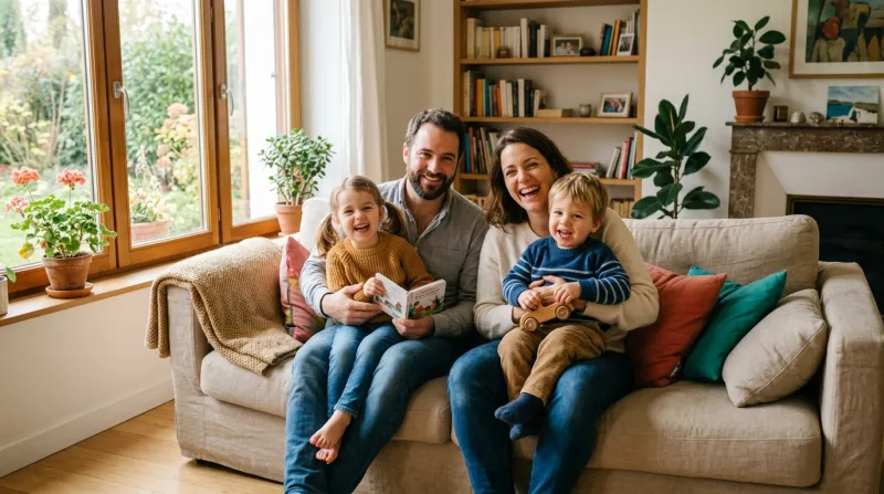 Une photo d'une famille avec de jeunes enfants dans un cadre chaleureux et lumineux