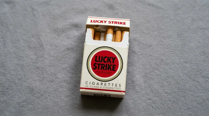 Une photo d'un paquet de cigarettes de la marque Lucky Strike sur un fond neutre