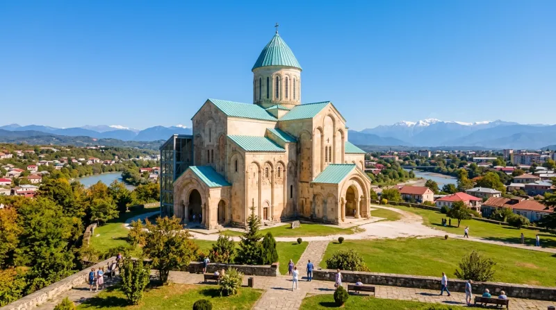 Une photo de la cathédrale de Bagrati à Kutaisi sous un ciel dégagé et une lumière agréable de septe