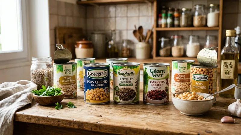 Une photo de différentes boîtes de conserve de légumineuses avec des pois chiches, des lentilles et 
