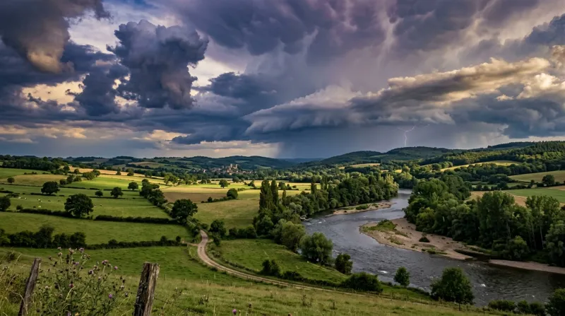 Une photo d'un paysage dans le département de l'Allier sous un ciel orageux