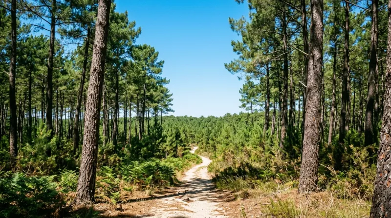 Une photo d'une forêt de pins dans les Landes baignée d'un soleil éclatant d'été sous un ciel bleu l