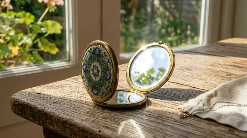 Une photo d'un petit miroir de poche exposé à la lumière du soleil