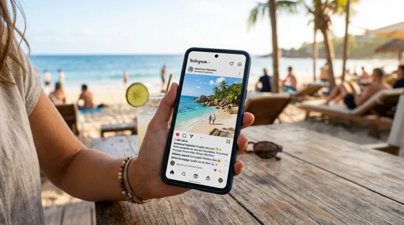 Une photo d'un smartphone affichant une publication de vacances sur un réseau social