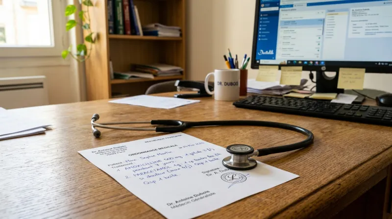 Une photo d'un stéthoscope posé à côté d'une ordonnance médicale sur le bureau d'un médecin
