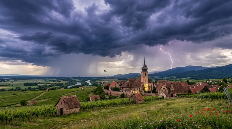 Une photo d'un paysage d'Alsace dans le Bas-Rhin sous un ciel nuageux et orageux