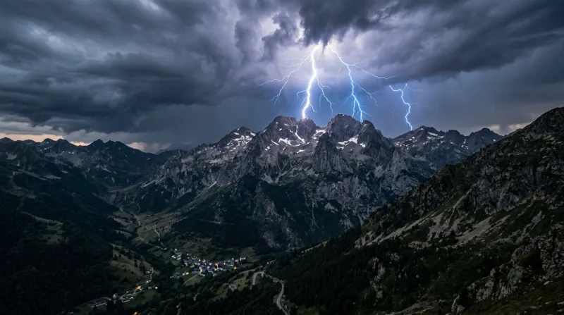 Une photo d’un orage avec des éclairs au-dessus des sommets montagneux des Pyrénées en Ariège