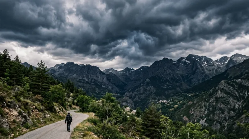 Une photo des massifs montagneux de l'arrière-pays niçois sous un ciel chargé de nuages orageux