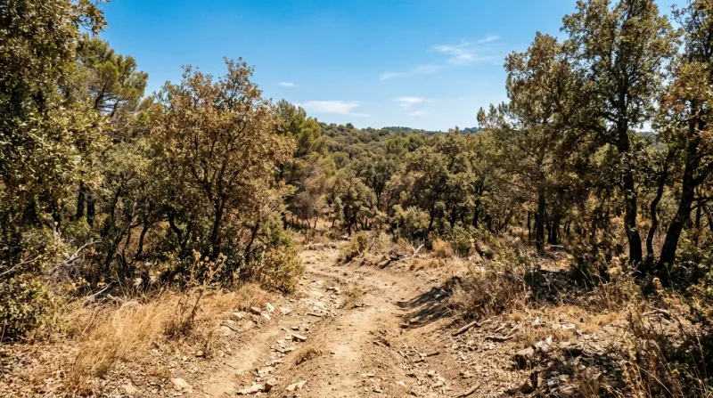 Une photo d'un terrain boisé et sec sous un soleil d'été intense