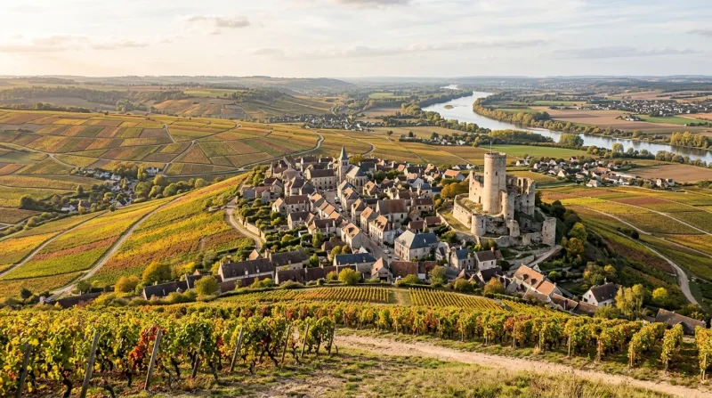 Une photo du village médiéval de Sancerre niché au sommet d'une colline et entouré de vastes vignobl