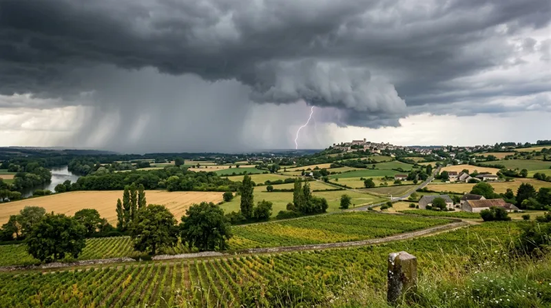 Une photo d'un paysage dans le département du Cher sous un ciel d'orage