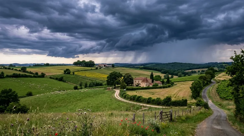 Une photo d'un paysage de campagne dans le Gers sous un ciel orageux