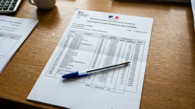 Une photo d'un document administratif de relevé de carrière avec un stylo.