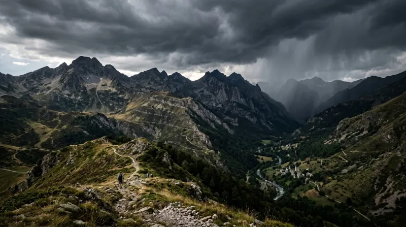 Une photo d'un paysage de montagne dans les Pyrénées ariégeoises sous un ciel d'orage