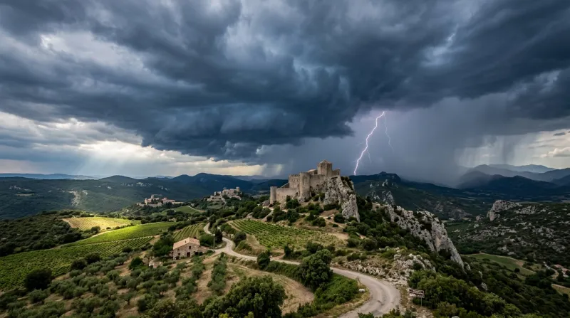 Une photo d'un paysage dans le département de l'Aude sous un ciel orageux avec des nuages sombres