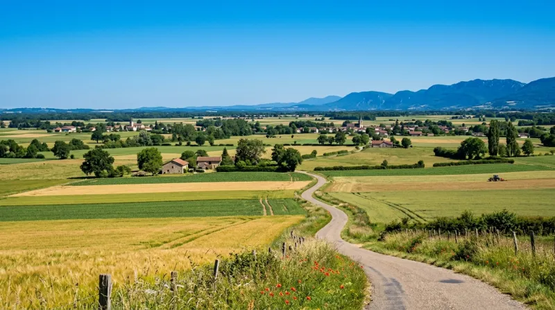 Une photo des paysages de plaines de l'Ain sous un soleil éclatant et un ciel bleu sans nuages