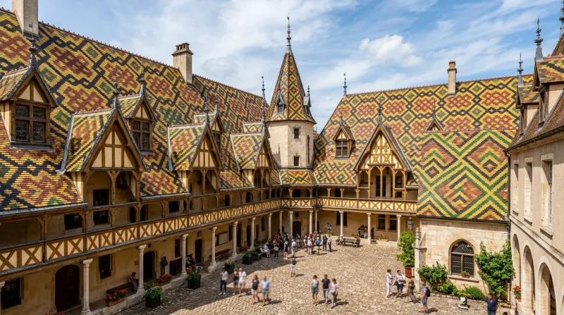 Une photo de l'Hôtel-Dieu de Beaune mettant en avant son toit aux tuiles vernissées colorées