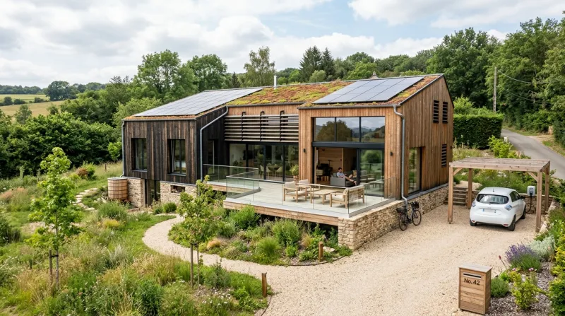 Une photo d'une maison individuelle moderne respectant les normes environnementales