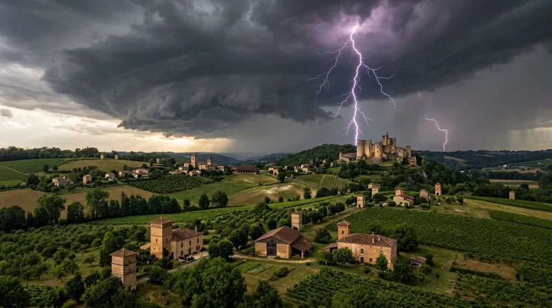 Une photo d'un ciel d'orage avec des éclairs au-dessus des paysages du Lot-et-Garonne