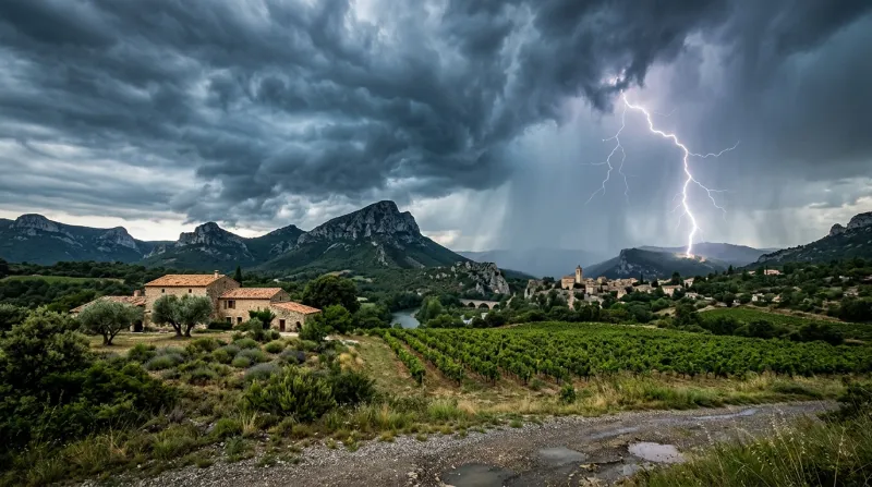 Une photo d'un paysage de l'Hérault sous un ciel orageux