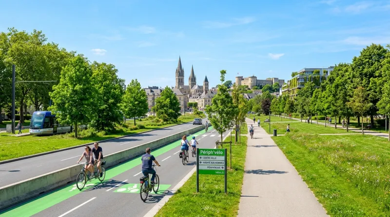 Une photo d'un paysage urbain verdoyant avec des pistes cyclables à Caen sous un ciel clair