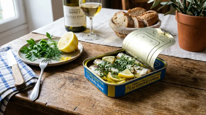 Une photo d'une boîte de sardines ouverte avec du citron et des herbes fraîches sur une table en boi